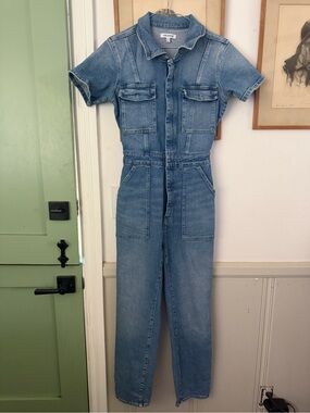 Good American Denim Utility Jumpsuit Medium Wash Short Sleeve Size 1